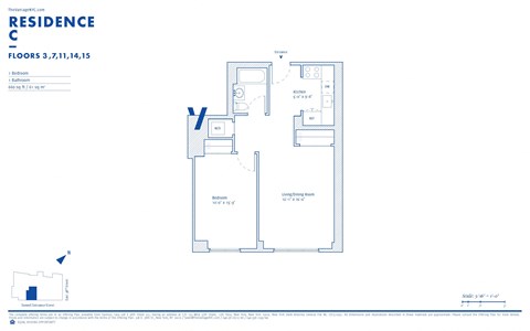 Floor plan for 1 bed, 1 bath, 660 sqft